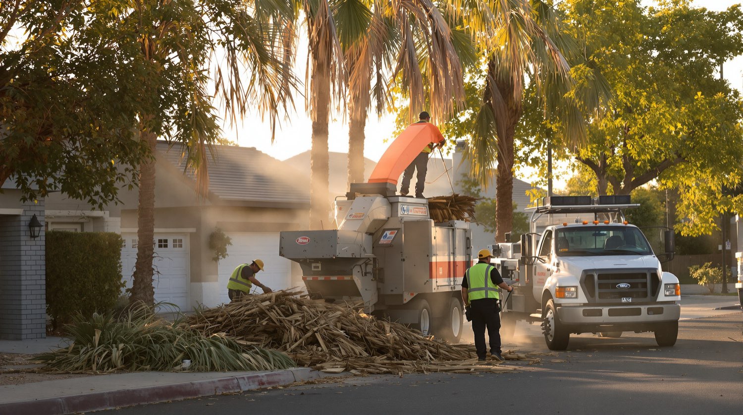 The Palm Squad crew loading branches into a wood chipper on an East Valley street at golden hour
