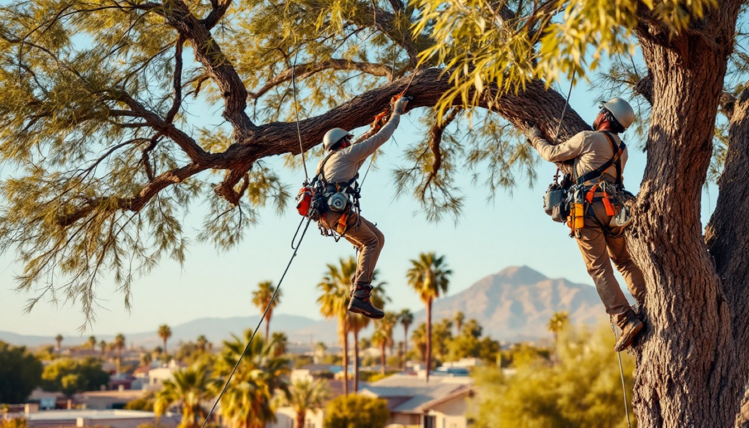 Professional tree climbers in safety harnesses removing limbs high in a tree in Arizona