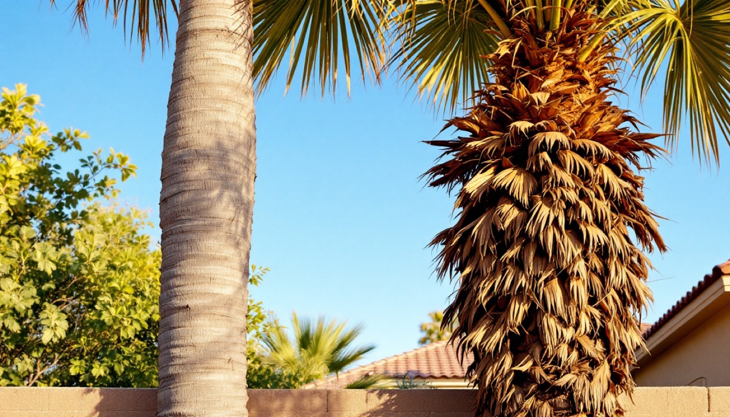 A smooth skinned palm trunk beside a palm with a shaggy skirt of dried fronds in Arizona