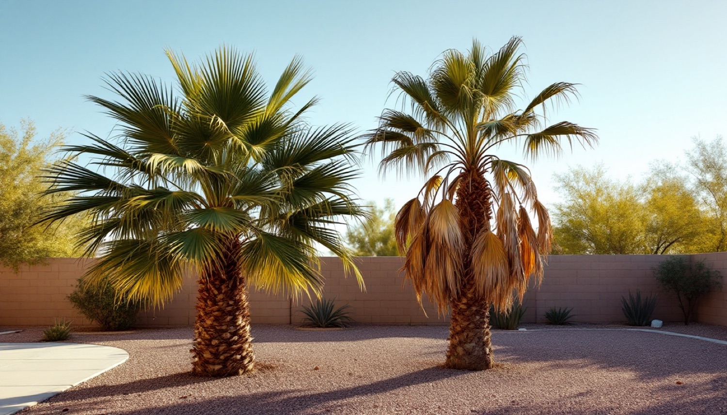 A healthy green palm next to a declining brown palm in an Arizona East Valley yard