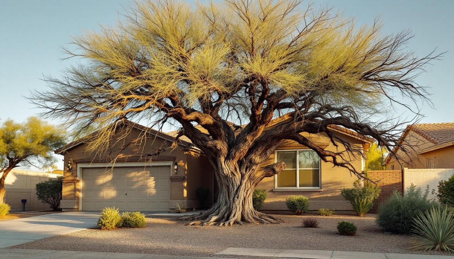 A large desert tree with dead, bare branches in front of an Arizona home, a sign it may need removal