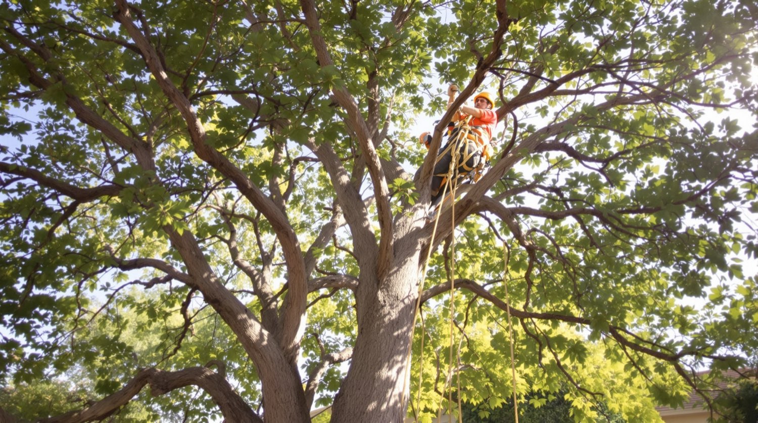 An arborist working in a large mature Arizona shade tree